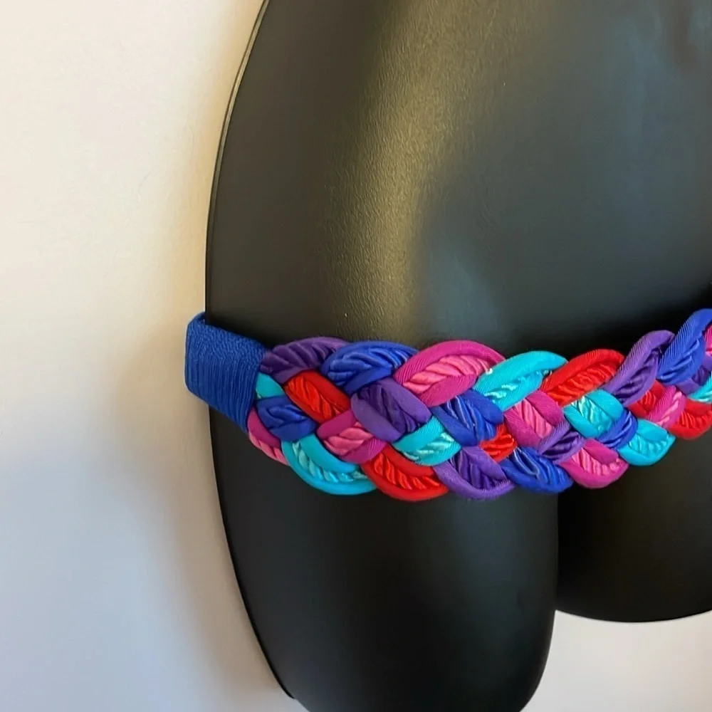 Talbots Vintage Braided Rope Fabric Blue Teal Purple Pink Stretch belt OS